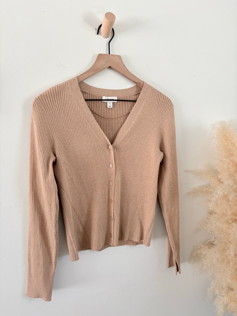 On 34th Tan Ribbed V Neck Cardigan Sweater Small Minimalist Button Up
